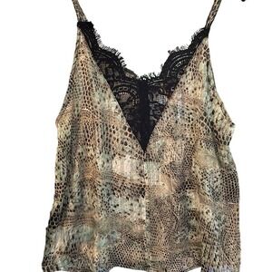 Flawless Snakeskin Print Lace Trim Camisole Top Teal Tan Black Small Office Chic